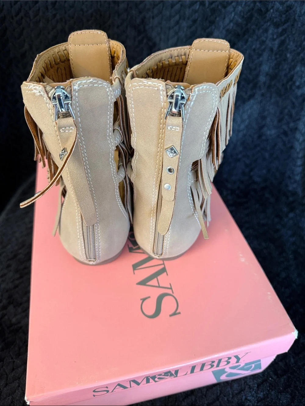 Sam & Libby Taupe Fringe Gladiator T-Strap Sandals - Picture 2 of 2